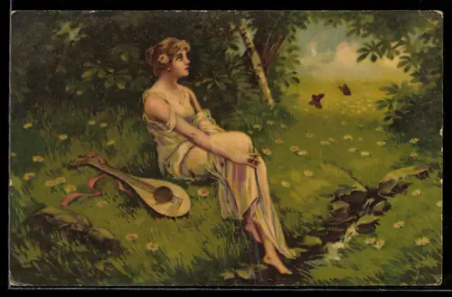 Künstler-AK Wenau-Pastell Nr. 910: Mädchen mit Mandoline an einer Quelle