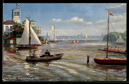 Künstler-AK Raphael Tuck & Sons Nr. 609 B: Hamburg, Ruderpartie auf der Aussenalster