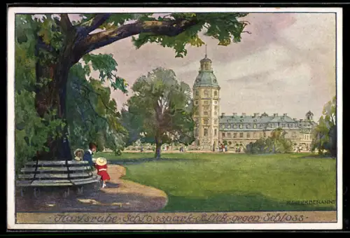 Künstler-AK Karlsruhe, Blick vom Schlosspark auf Schloss