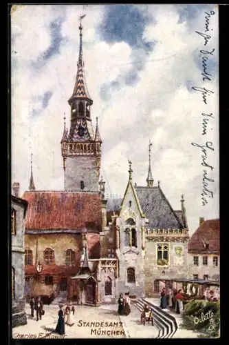 Künstler-AK Charles F. Flower: München, Marktstände am Standesamt