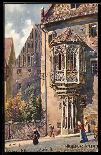 Künstler-AK Charles F. Flower: Nürnberg, Passantinnen und Schöner Erker