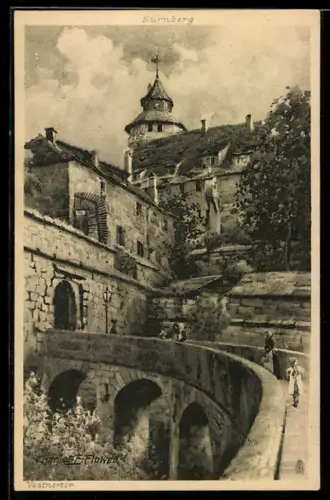 Künstler-AK Charles F.Flower: Nürnberg, Burgeingang mit Leuten