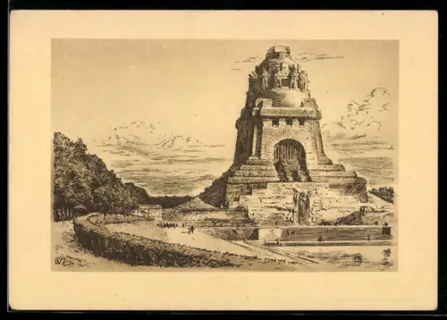 Künstler-AK Leipzig, Blick zum Völkerschlachtdenkmal, Errichtet 1898 bis 1913