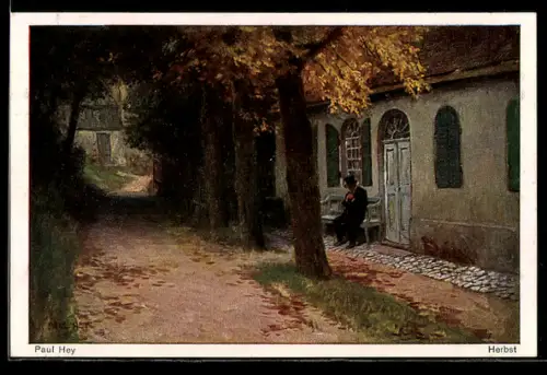 Künstler-AK Paul Hey: Älterer Herr auf einer Bank im Herbst, Verein für das Deutschtum im Ausland