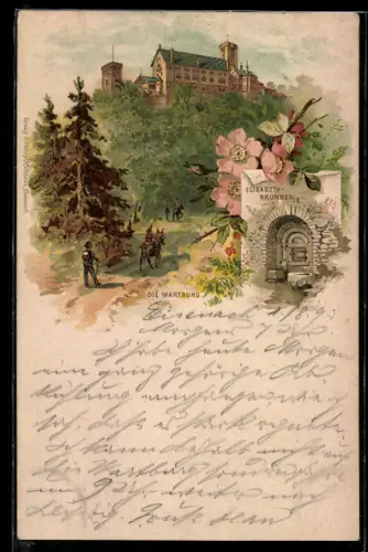 Lithographie Wartburg, Wanderer auf dem Weg zur Burg, Elisabeth-Brunnen