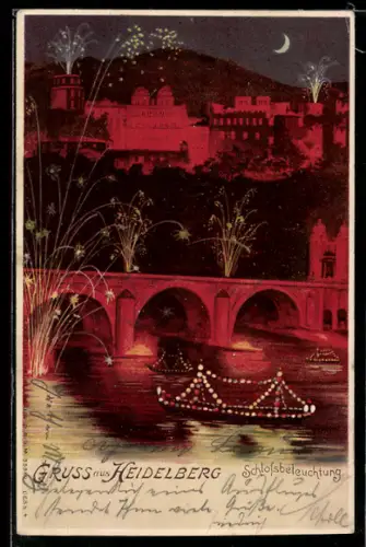 Künstler-AK Heidelberg, Schlossbeleuchtung und Feuerwerk