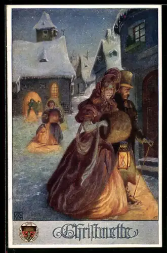 AK Deutscher Schulverein NR.744: Pärchen gehen von einer Christmesse nach Hause