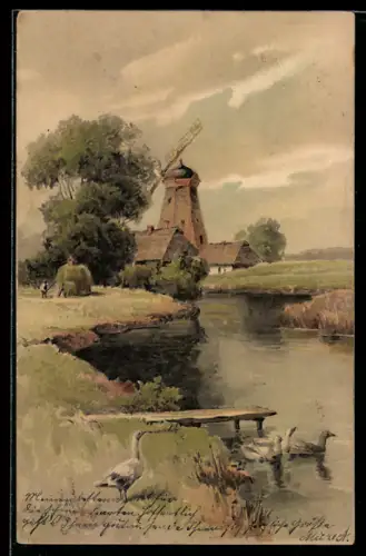 Künstler-Lithographie Meissner & Buch (M&B) Nr. 1258: Vom Lebenswege, Gänse und Windmühle