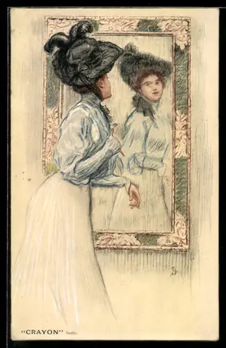 Künstler-AK Raphael Tuck & Sons Nr. 397: Frau mit Hut vor dem Spiegel