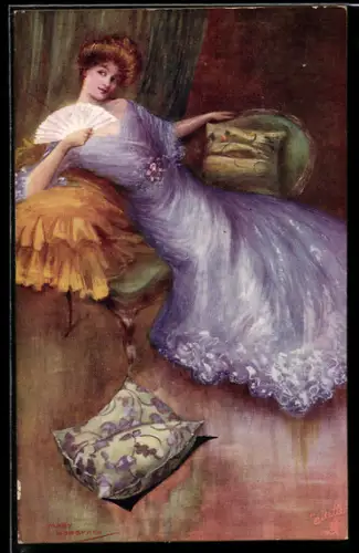 Künstler-AK Mary Horsfall: Dame im violetten Kleid mit Fächer
