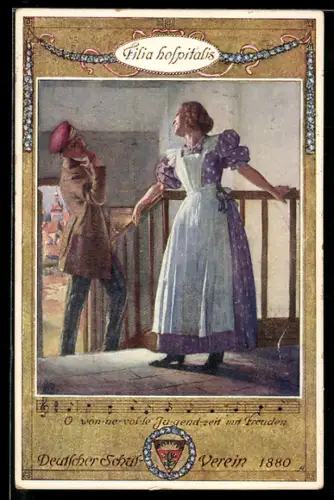 AK Deutscher Schulverein NR 92: Filia hospitalis, Auf der Treppe stehender Mann mit am Geländer lehnender Frau