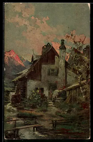 Künstler-AK Theodor Guggenberger: Wassermühle in einem Alpental