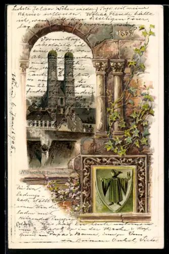 Passepartout-Lithographie München, Frauenkirche mit Wappen und Efeuranken