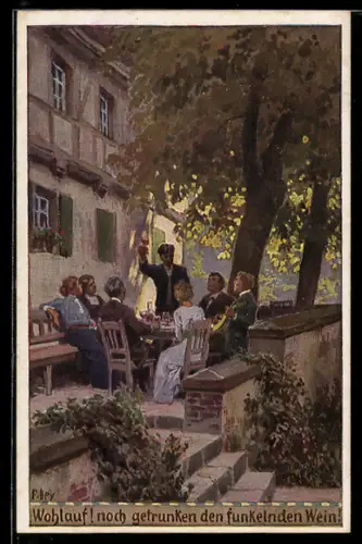 Künstler-AK P. Hey, Volksliederkarte Nr. 70: Wohlauf! Noch getrunken den funkelnden Wein!, Trinkende Gruppe