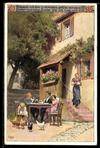 Künstler-AK Paul Hey: Volksliederkarte Nr.99: Freund, ich bin zufrieden, Idyllisches Familienbeisammensein