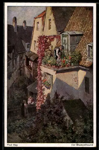 Künstler-AK Paul Hey: Blumenfreund giesst seine Pflanzen auf dem Dachbalkon, Verein für das Deutschtum im Ausland