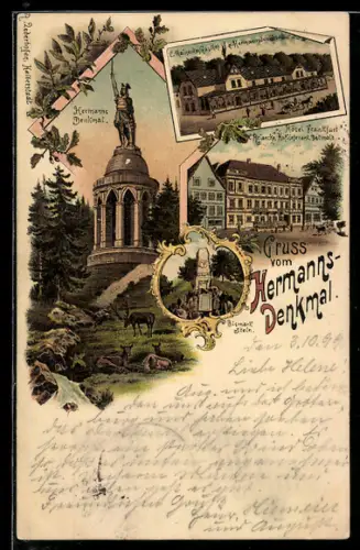 Lithographie Detmold, C. Reineckes Gasthof zum Hermannsdenkmal, Hotel Frankfurt, Bismarck-Stein