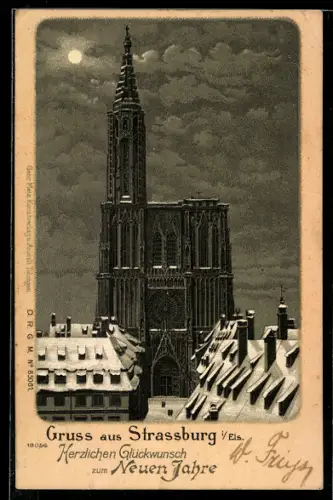 Winter-Lithographie Strassburg i/Els, verschneites Münster im Vollmond