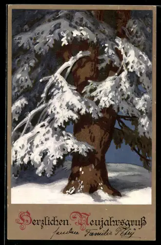 Künstler-AK Meissner & Buch (M&B) Nr.2305: verschneite Tanne, Neujahrsgrüsse