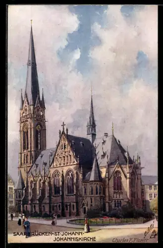 Künstler-AK Saarbrücken-St. Johann, Johanniskirche, Leute