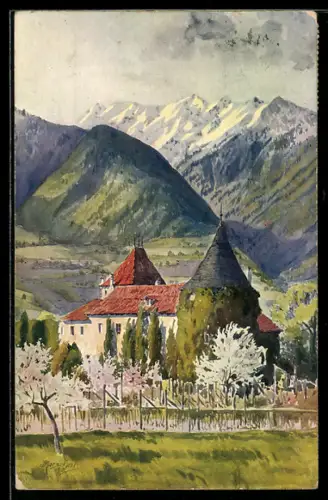 Künstler-AK J. Marschall: Meran-Obermais, Schloss Planta gegen das Gebirge