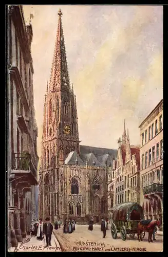 Künstler-AK Charles F. Flower: Münster, Prinzipal-Markt u. Lamberti-Kirche, Pferdegespann