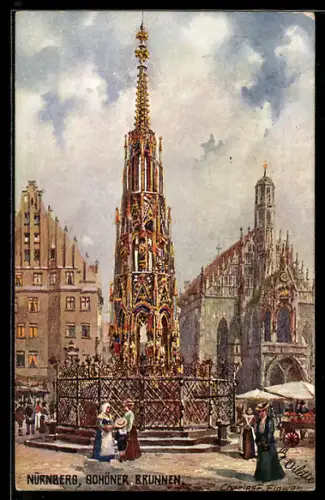 Künstler-AK Charles F. Flower: Nürnberg, Schöner Brunnen mit Marktstand