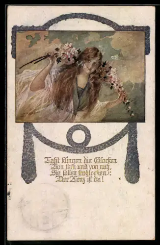 AK Deutscher Schulverein NR 1078: Frau mit langen Haaren und Blumen