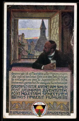 AK Deutscher Schulverein Nr.236: Gestern sass ich still beim Wein...!, Mann schaut zum Fenster heraus