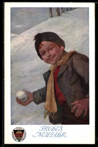 AK Deutscher Schulverein NR: 115, Frohes Neujahr, Knabe mit Schneeball