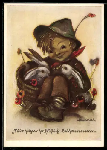 Künstler-AK Hummel: Ostern, Junge mit Hasen im Korb