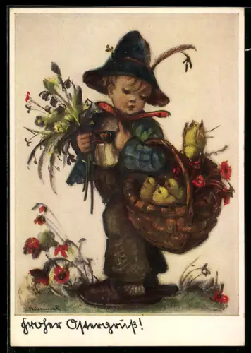 Künstler-AK Hummel: Kleiner Bub mit Blumenstrauss, Küken im Körbchen, Mohnblumen