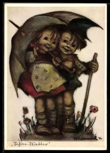 Künstler-AK Hummel: Schön Wetter, Junge und Mädchen unterm Regenschirm, Blumenwiese