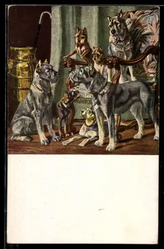 Künstler-AK G. Hirth`s Verlag, Serie: Familie Pintsch, Hunde sitzen auf und vor einem Stuhl
