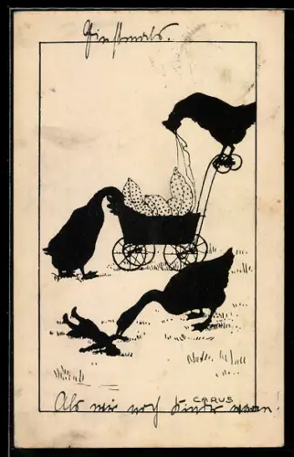 Künstler-AK Carus: Gänse und Huhn durchstöbern einen Puppenwagen