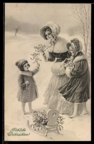 Künstler-AK M.Munk Nr.465: Mutter mit ihren Kindern beim Sammeln von Blumen im Schnee