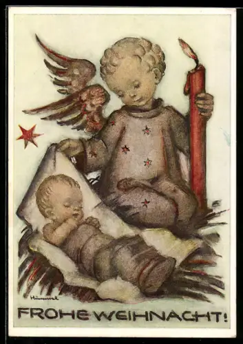 Künstler-AK Hummel: Engel mit Kerze wacht über schlafendes Baby