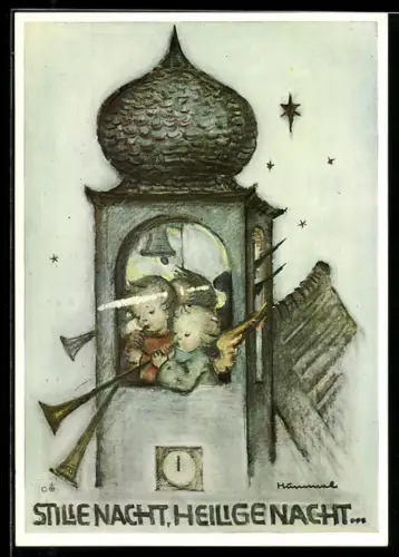 Künstler-AK Hummel: Stille Nacht, Heiligenacht..., 3 Engel mit Trompeten auf dem Kirchturm
