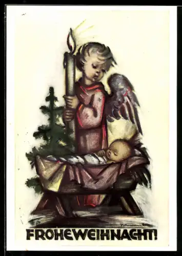 Künstler-AK Hummel: Frohe Weihnachten, Engel mit Kerze steht an einer Wiege