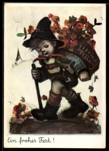 Künstler-AK Hummel: Kleiner Wandersmann mit grosser Blumenkiepe auf dem Rücken