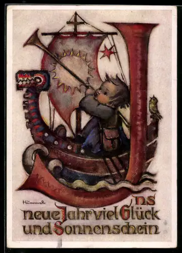 Künstler-AK Hummel: Engel mit Trompete auf einem Schiff, Ins neue Jahr viel Glück und Sonnenschein