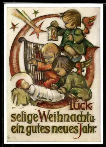 Künstler-AK Hummel: Weihnachtsengel betrachten das Christkind, Glückselige Weihnachten und ein gutes neues Jahr!