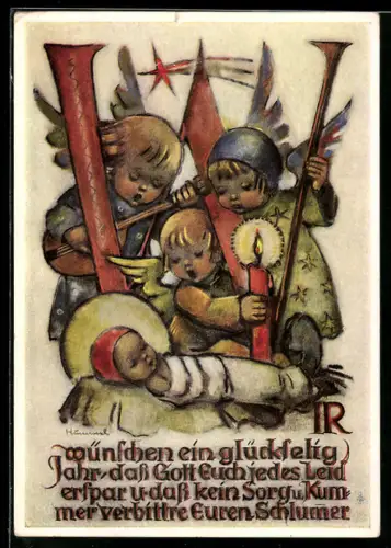 Künstler-AK Hummel: drei Engel mit dem Jesuskind, Buchstabe W und Glückwunsch