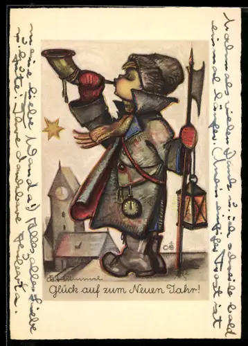 Künstler-AK Hummel: Nr. 4616, Nachtwächter mit Neujahrsgruss