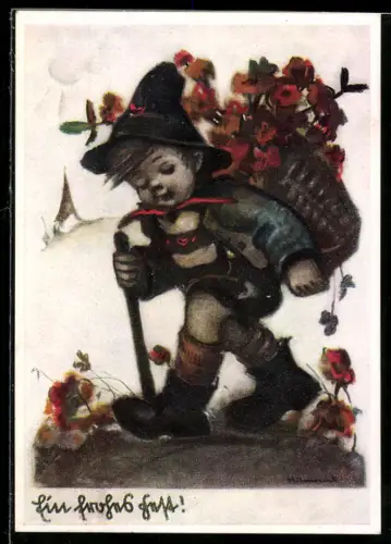 Künstler-AK Hummel: Kleiner Wandersmann mit grosser Blumenkiepe auf dem Rücken