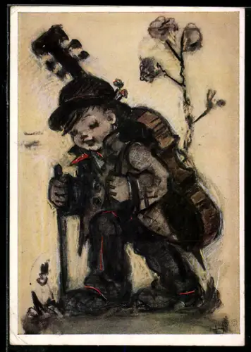 Künstler-AK Hummel: Kleiner Musikant auf der Wanderung