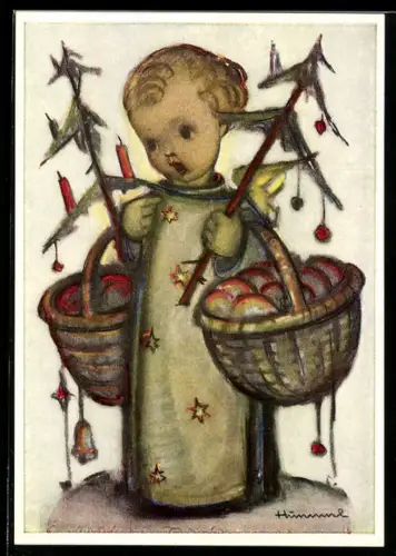 Künstler-AK Hummel: Weihnachtsengel mit Körben und Tannen