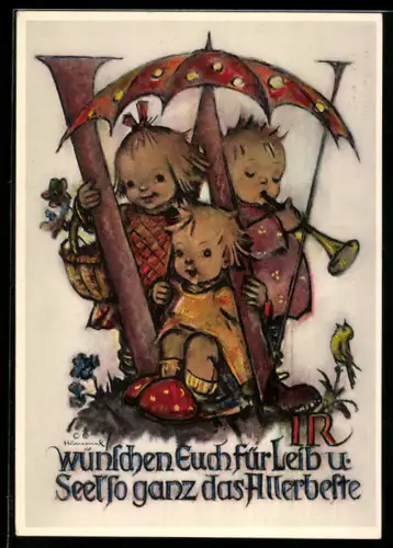 Künstler-AK Hummel: Mädchen mit Schirm, Korb und Fanfare am Buchstaben W