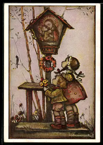 Künstler-AK Hummel: Kinder am Bildstock mit Blumen