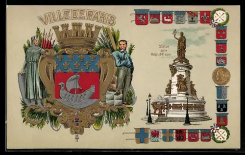 AK Paris III, Ville de Paris, Statue de la Republique, Wappen, Segelschiff